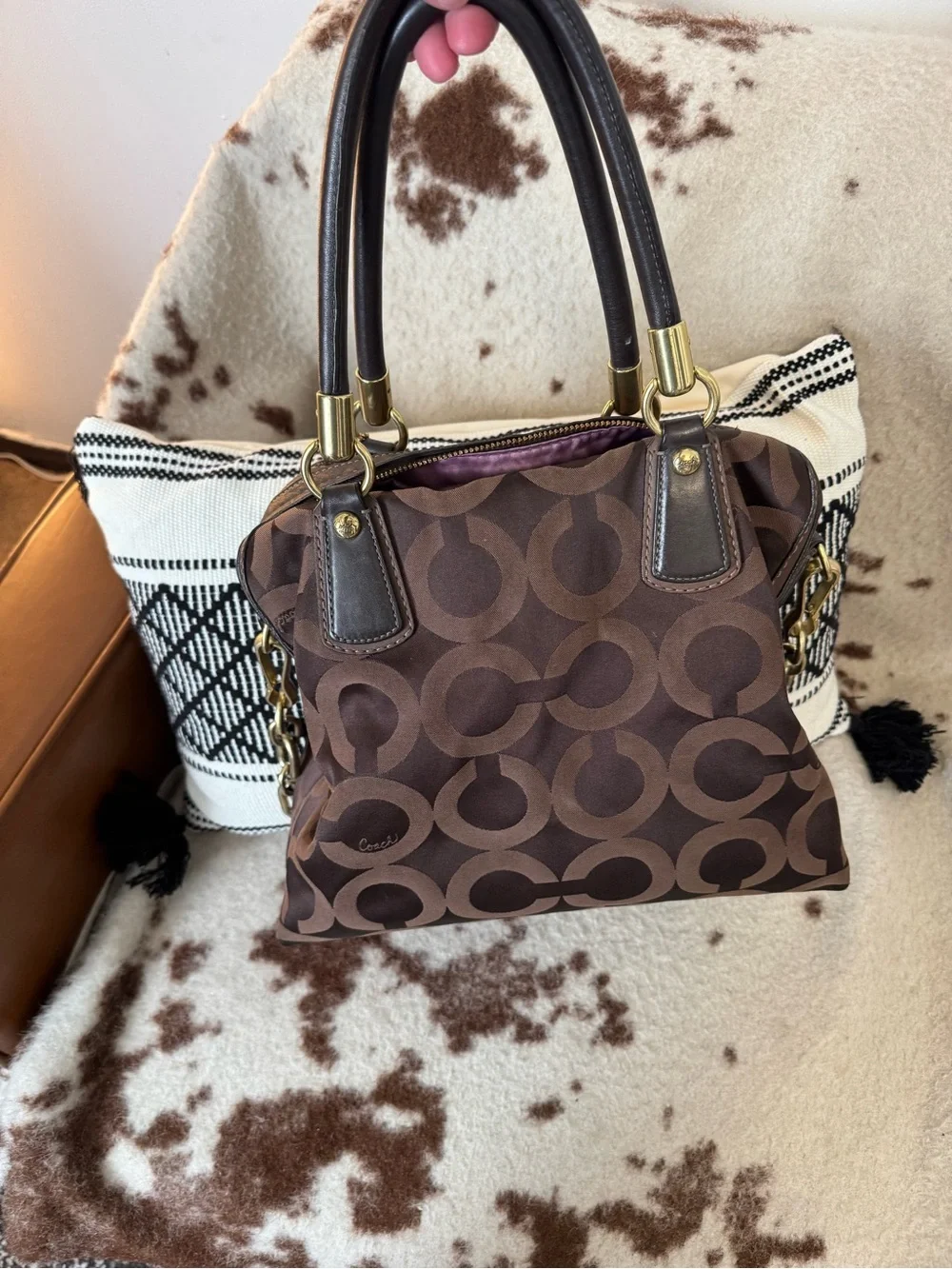Coach Brown Signature Jacquard Satchel with Gold Hardware shoulder/crossbody